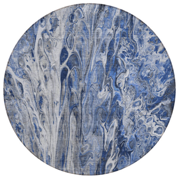 8' Denim Blue And Navy Blue Round Abstract Washable Indoor Outdoor Area Rug