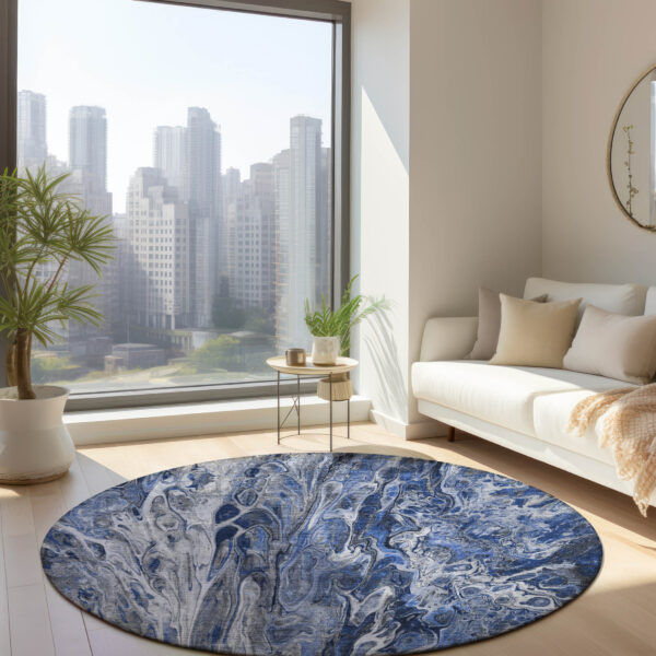 8' Denim Blue And Navy Blue Round Abstract Washable Indoor Outdoor Area Rug