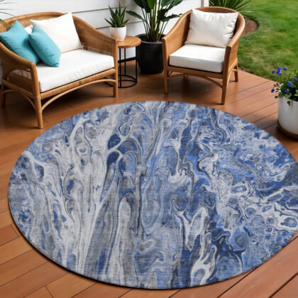 8' Denim Blue And Navy Blue Round Abstract Washable Indoor Outdoor Area Rug