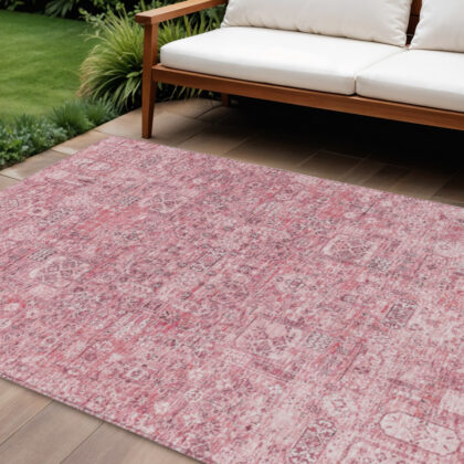 9' X 12' Pink Blush And Charcoal Floral Washable Indoor Outdoor Area Rug