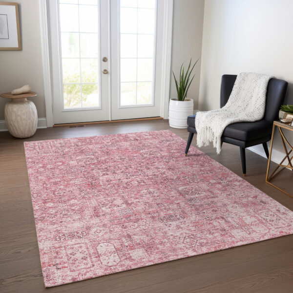 9' X 12' Pink Blush And Charcoal Floral Washable Indoor Outdoor Area Rug