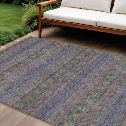 9' X 12' Purple Plum And Gold Floral Medallion Washable Indoor Outdoor Area Rug