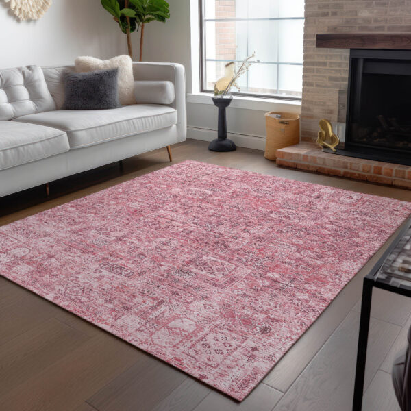 9' X 12' Pink Blush And Charcoal Floral Washable Indoor Outdoor Area Rug