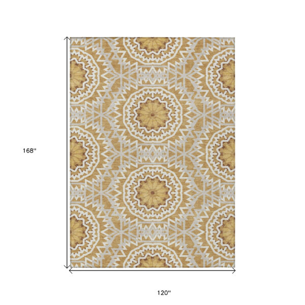 10' X 14' Gold Gray And Ivory Floral Medallion Washable Indoor Outdoor Area Rug