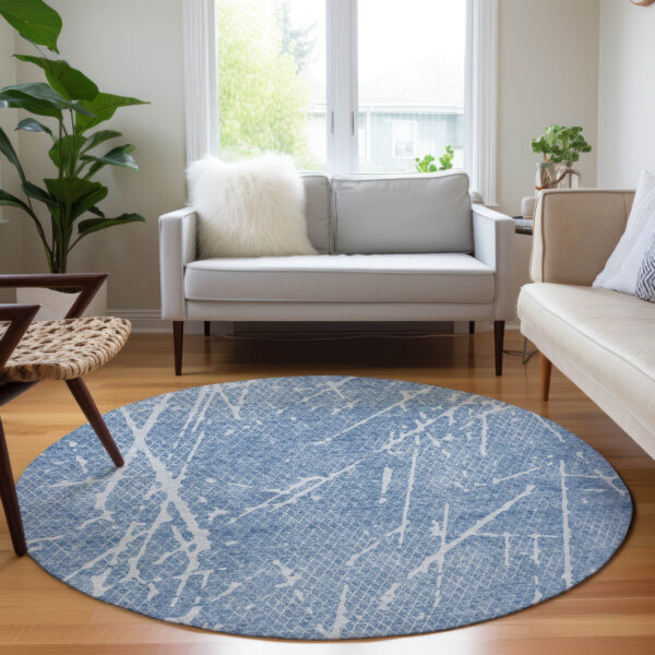 8' Blue And Ivory Round Abstract Washable Indoor Outdoor Area Rug