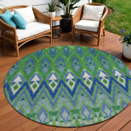 8' Green And Blue Round Southwestern Washable Indoor Outdoor Area Rug