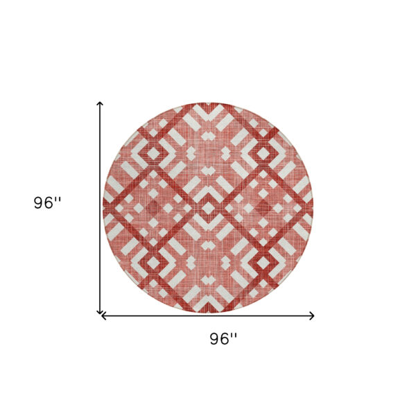 8' Red And Ivory Round Geometric Washable Indoor Outdoor Area Rug
