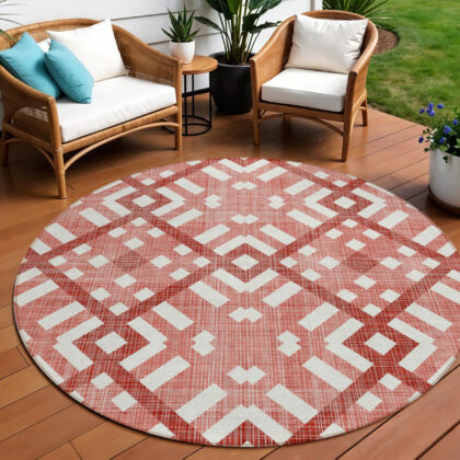 8' Red And Ivory Round Geometric Washable Indoor Outdoor Area Rug