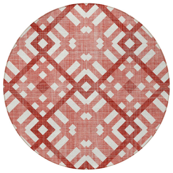 8' Red And Ivory Round Geometric Washable Indoor Outdoor Area Rug
