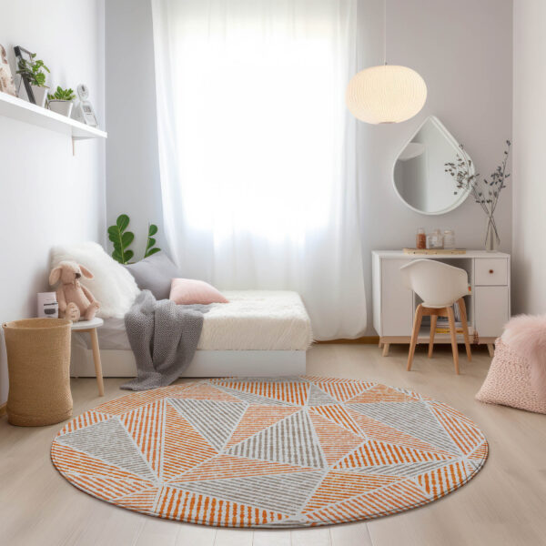 8' Orange Gray And Silver Round Geometric Washable Indoor Outdoor Area Rug