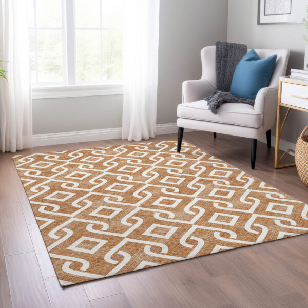 5' X 8' Orange And Ivory Geometric Washable Indoor Outdoor Area Rug