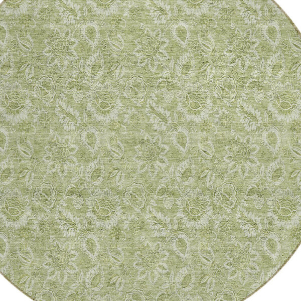 8' Green Round Floral Washable Indoor Outdoor Area Rug