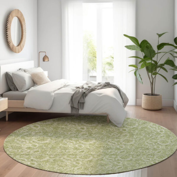 8' Green Round Floral Washable Indoor Outdoor Area Rug
