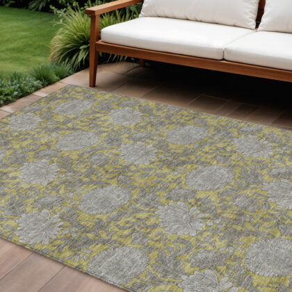 9' X 12' Gold Gray And Charcoal Floral Washable Indoor Outdoor Area Rug