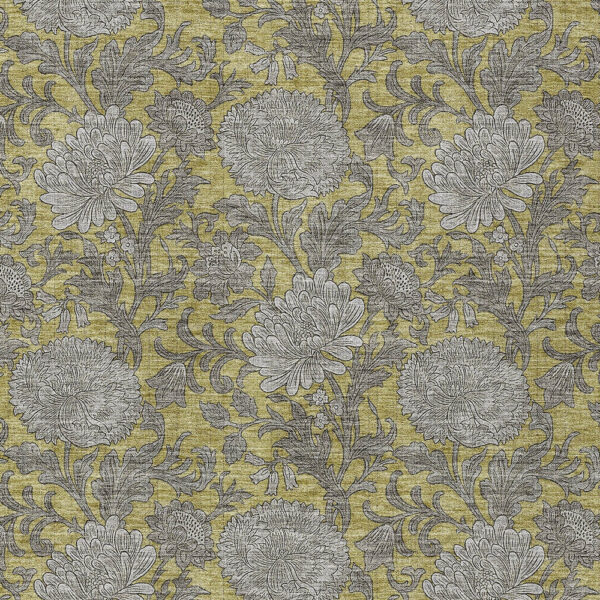 9' X 12' Gold Gray And Charcoal Floral Washable Indoor Outdoor Area Rug
