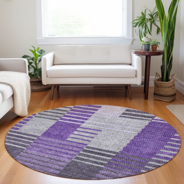 8' Purple Lavender And Eggplant Round Striped Washable Indoor Outdoor Area Rug