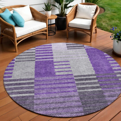 8' Purple Lavender And Eggplant Round Striped Washable Indoor Outdoor Area Rug