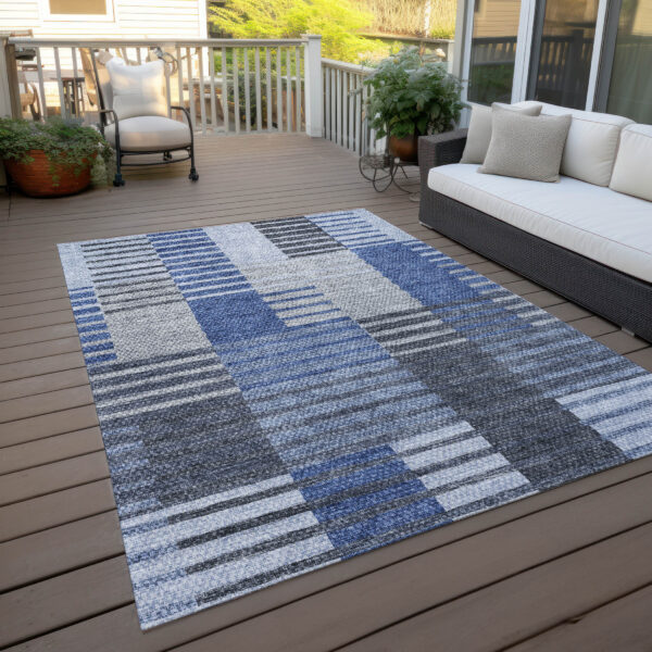 8' X 10' Denim Blue And Navy Blue Striped Washable Indoor Outdoor Area Rug