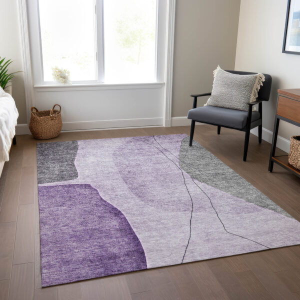 9' X 12' Purple Eggplant And Gray Abstract Washable Indoor Outdoor Area Rug