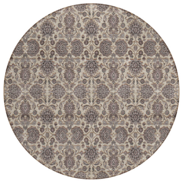 8' Ivory Taupe And Beige Round Floral Washable Indoor Outdoor Area Rug