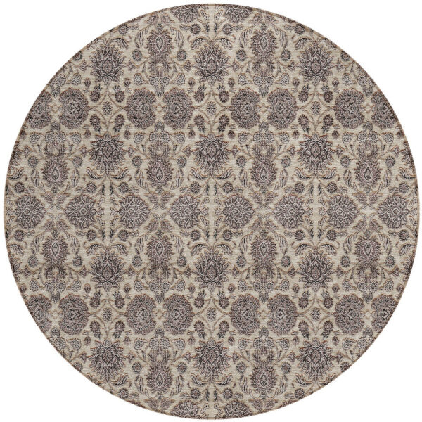 8' Ivory Taupe And Beige Round Floral Washable Indoor Outdoor Area Rug