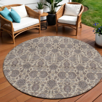 8' Ivory Taupe And Beige Round Floral Washable Indoor Outdoor Area Rug