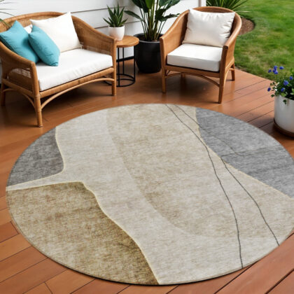 8' Taupe Beige And Gray Round Abstract Washable Indoor Outdoor Area Rug