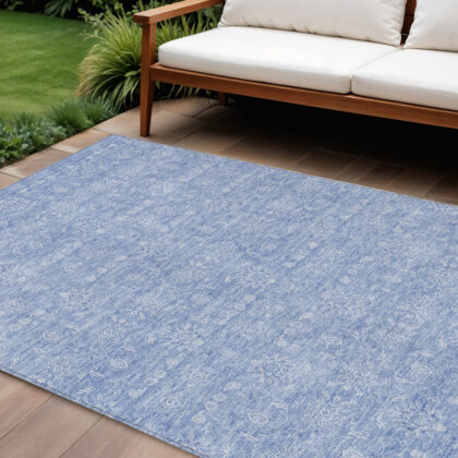 8' X 10' Sky Blue And Ivory Floral Washable Indoor Outdoor Area Rug