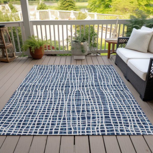 8' X 10' Navy Blue And Ivory Striped Washable Indoor Outdoor Area Rug
