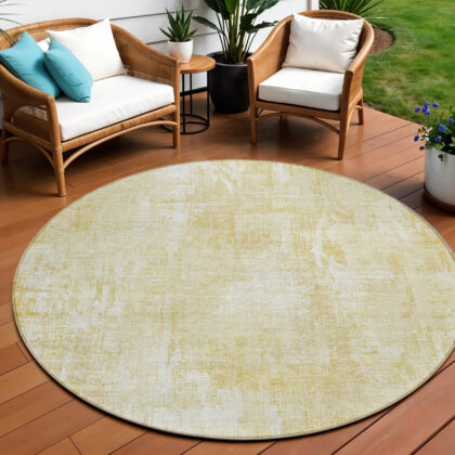 8' Beige Tan And Ivory Round Abstract Washable Indoor Outdoor Area Rug