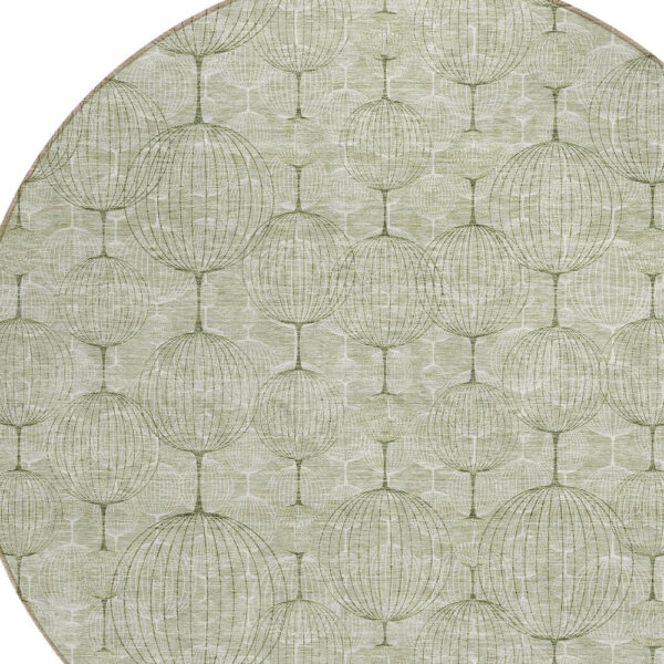 8' Artichoke Green And Ivory Round Geometric Washable Indoor Outdoor Area Rug