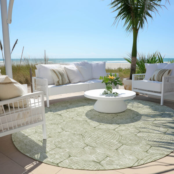8' Artichoke Green And Ivory Round Geometric Washable Indoor Outdoor Area Rug