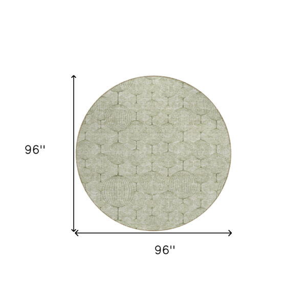 8' Artichoke Green And Ivory Round Geometric Washable Indoor Outdoor Area Rug