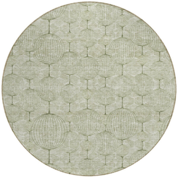 8' Artichoke Green And Ivory Round Geometric Washable Indoor Outdoor Area Rug