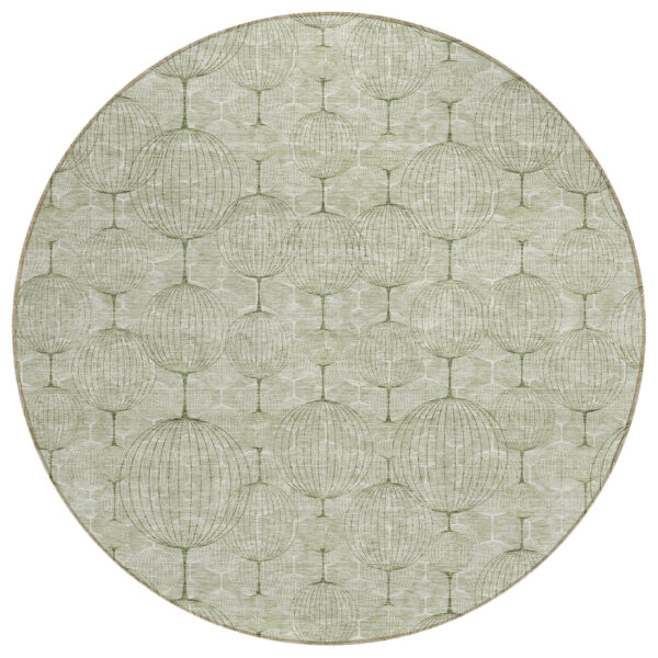 8' Artichoke Green And Ivory Round Geometric Washable Indoor Outdoor Area Rug