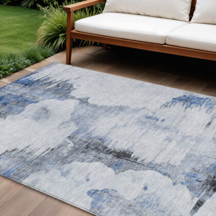10' X 14' Navy Blue And Ivory Abstract Washable Indoor Outdoor Area Rug