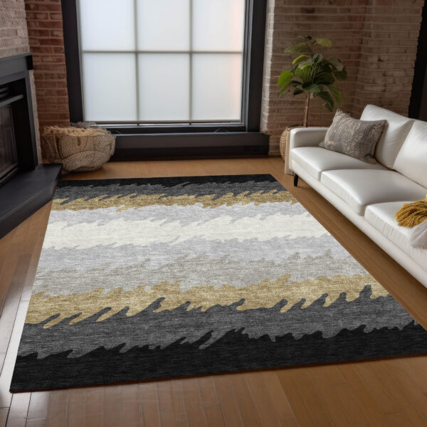 5' X 8' Black Charcoal And Silver Striped Washable Indoor Outdoor Area Rug