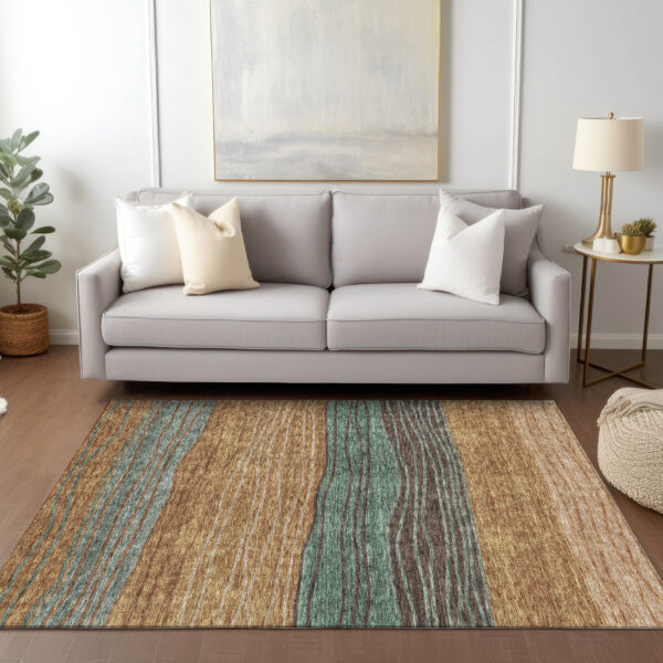 10' X 14' Terra Cotta Copper And Beige Striped Washable Indoor Outdoor Area Rug