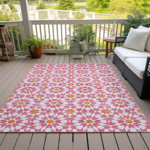 10' X 14' Pink Ivory And Orange Floral Medallion Washable Indoor Outdoor Area Rug