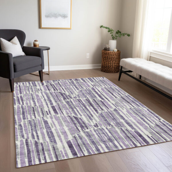 9' X 12' Purple Ivory And Lavender Abstract Washable Indoor Outdoor Area Rug