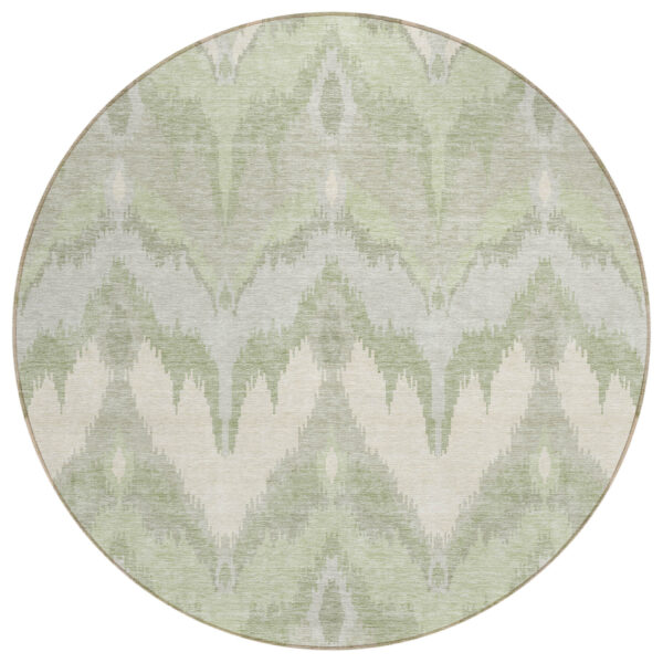 8' Artichoke Green And Beige Round Ikat Washable Indoor Outdoor Area Rug