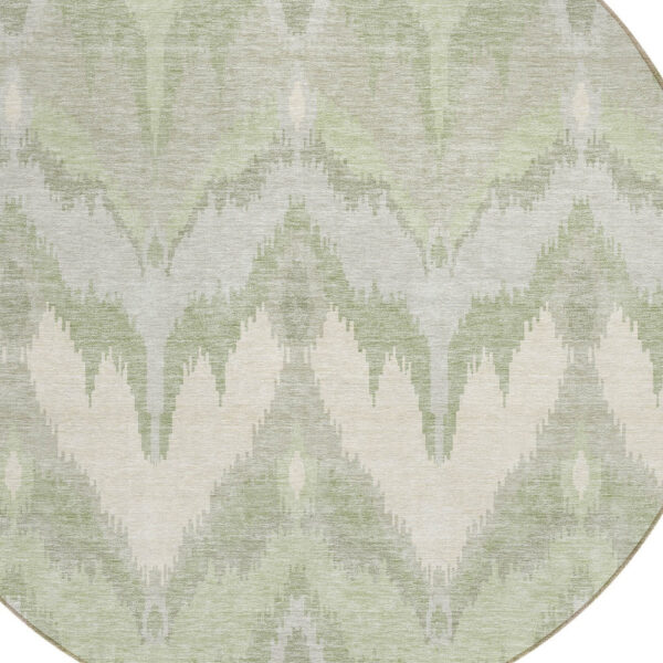 8' Artichoke Green And Beige Round Ikat Washable Indoor Outdoor Area Rug