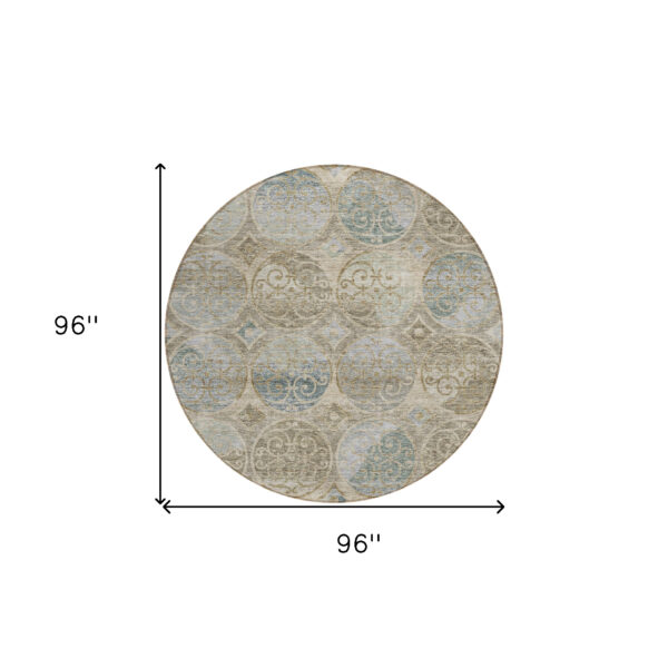 8' Beige Taupe And Blue Round Trellis Washable Indoor Outdoor Area Rug