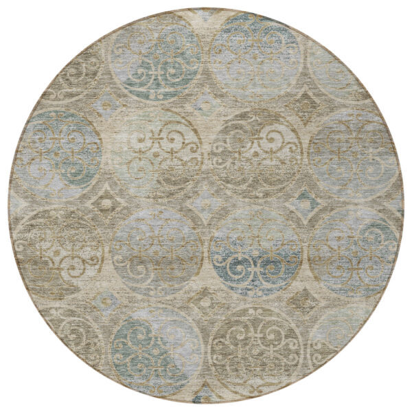 8' Beige Taupe And Blue Round Trellis Washable Indoor Outdoor Area Rug