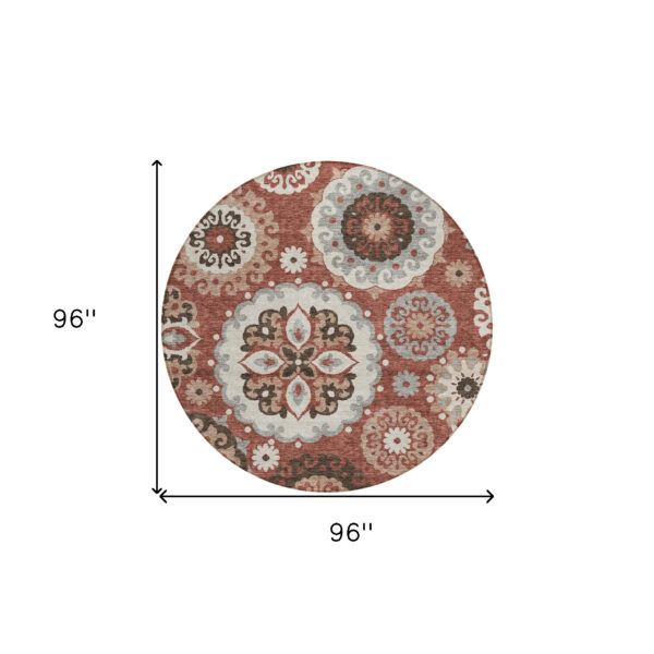 8' Orange Taupe And Gray Round Floral Medallion Washable Indoor Outdoor Area Rug