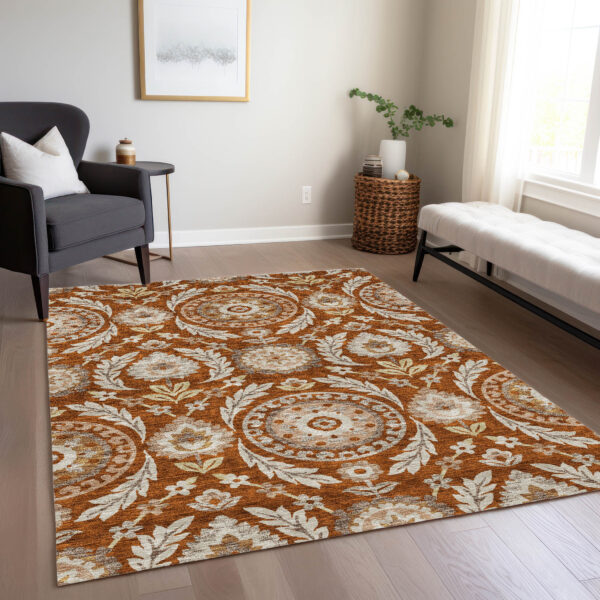 3' X 5' Orange Taupe And Gold Floral Washable Indoor Outdoor Area Rug