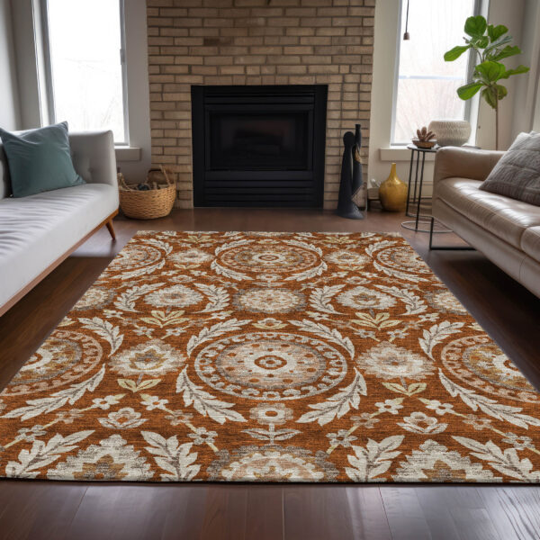 3' X 5' Orange Taupe And Gold Floral Washable Indoor Outdoor Area Rug