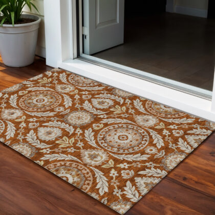 3' X 5' Orange Taupe And Gold Floral Washable Indoor Outdoor Area Rug