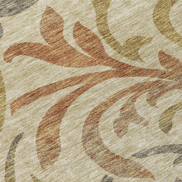 8' Beige Taupe And Copper Round Floral Washable Indoor Outdoor Area Rug