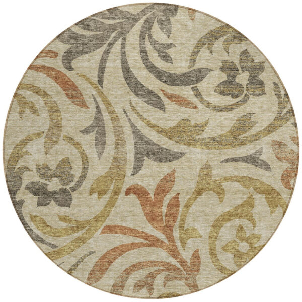 8' Beige Taupe And Copper Round Floral Washable Indoor Outdoor Area Rug
